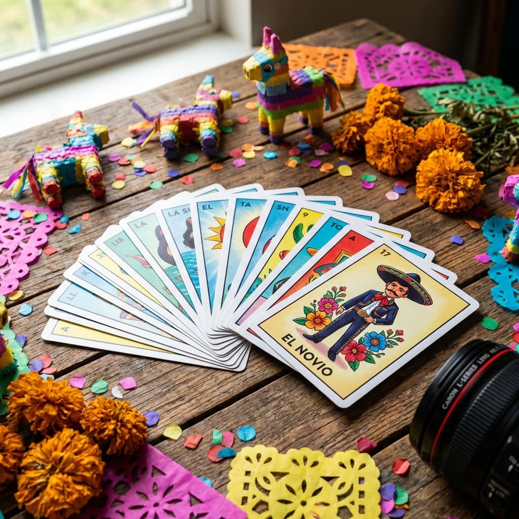 Lotería cards spread out on a table